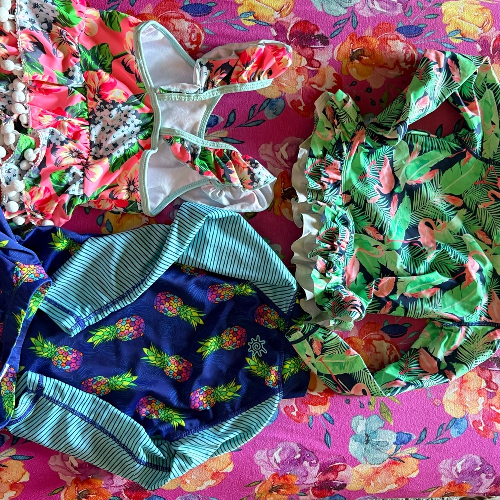 Ruffle Butts Pink Flamingo & Green Leaf Girls Swim Top